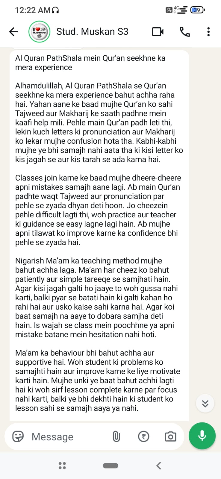 Muskan Siddiqi testimonial screenshot